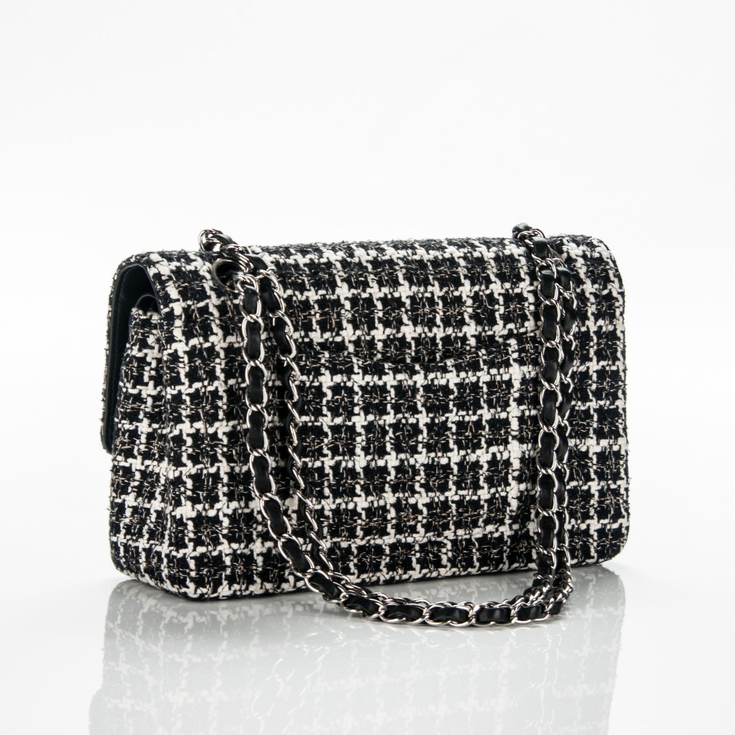 Tweed Quilted Medium Double Flap Black White