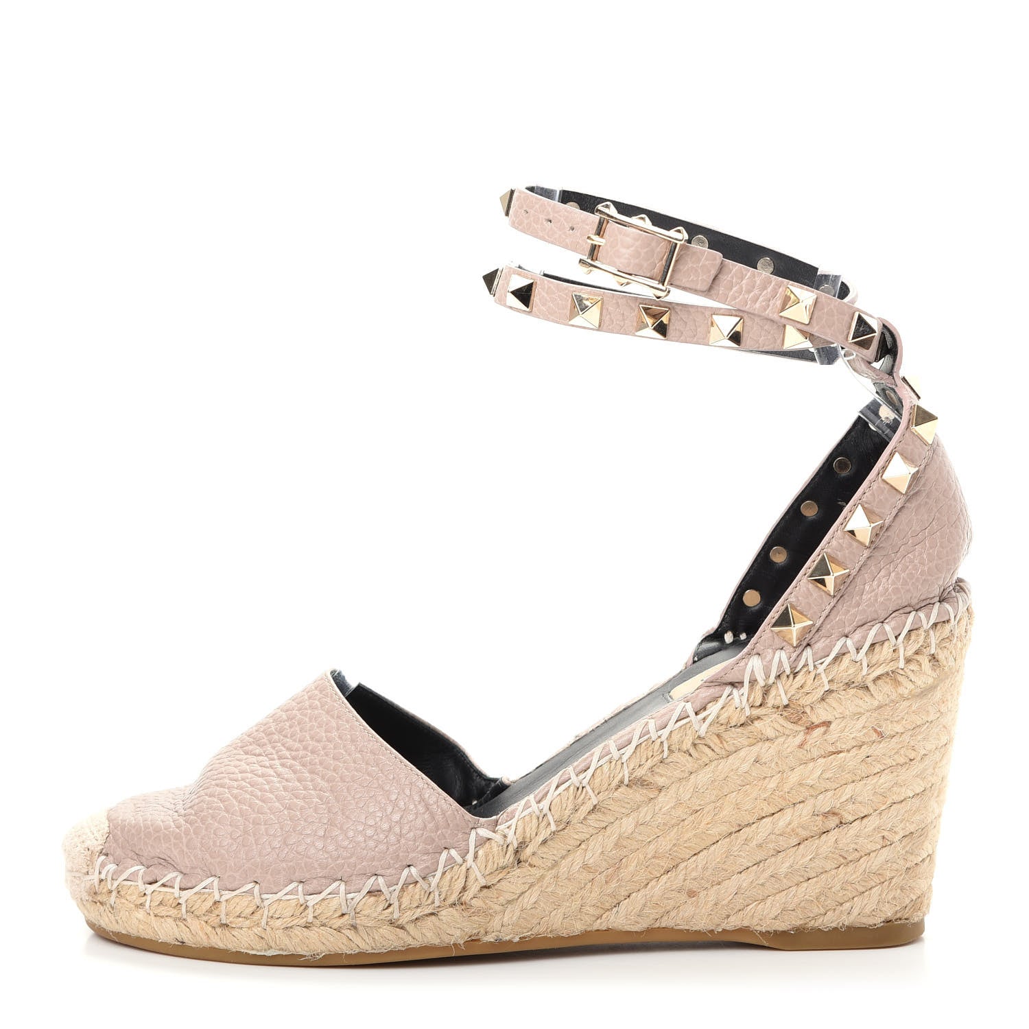Valentino Garavani Grained Calfskin Rockstud Ankle Wrap Espadrille 15/85mm Wedges 38 Poudre Natural 1 of 10
