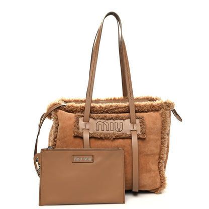Miu Miu Shearling Suede Shopping Tote Caramel 1 of 11