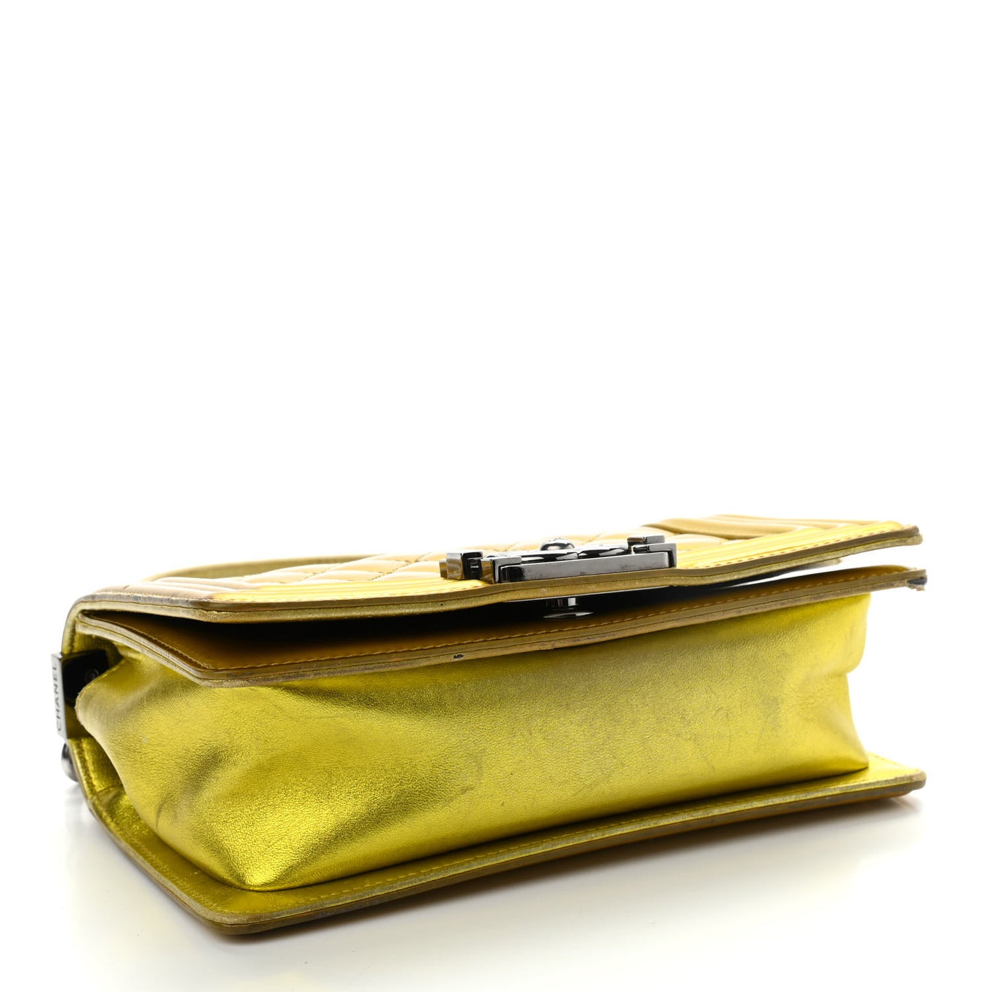 Metallic Patent Calfskin Quilted Small Boy Flap Yellow