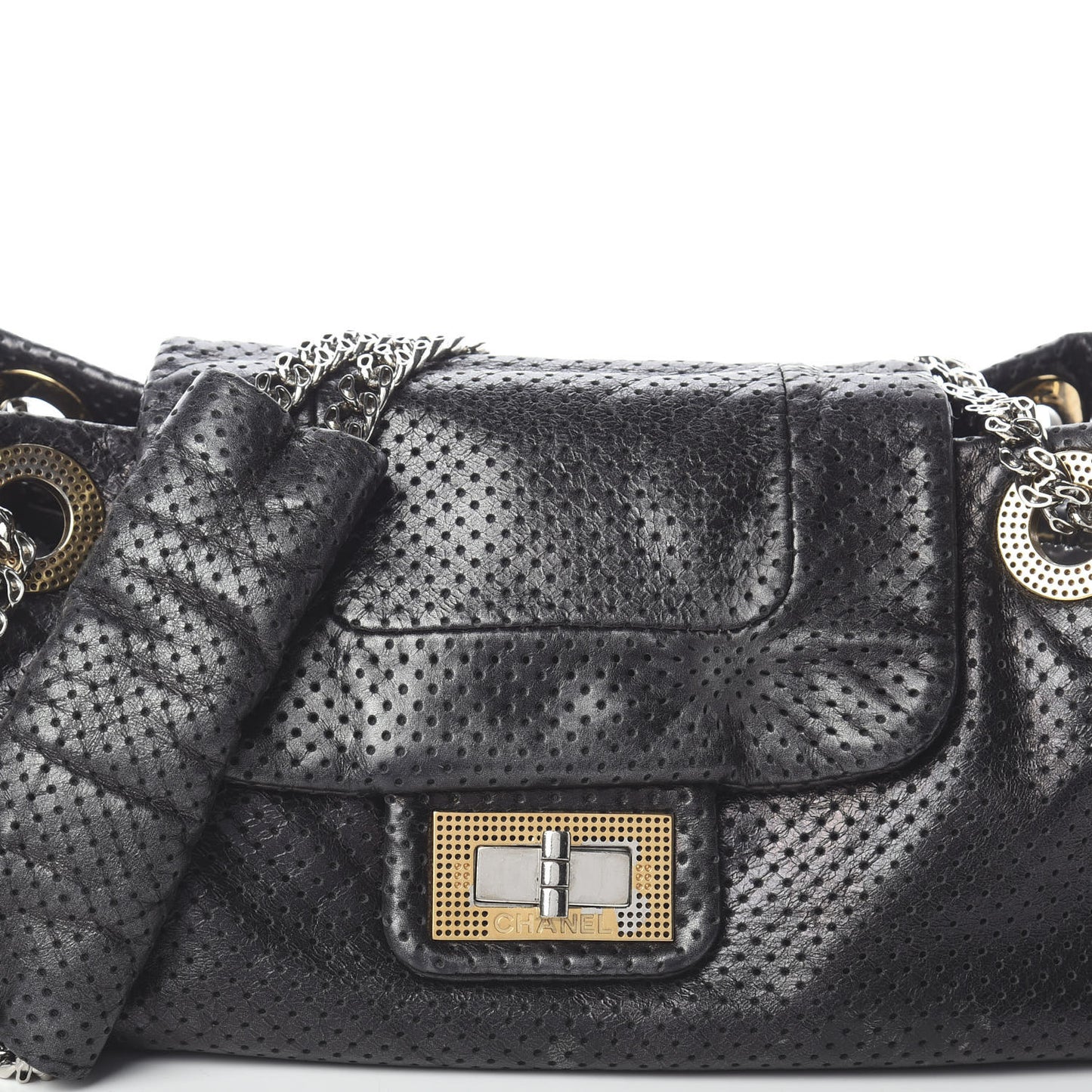 Metallic Calfskin Perforated Drill Accordion Flap Black