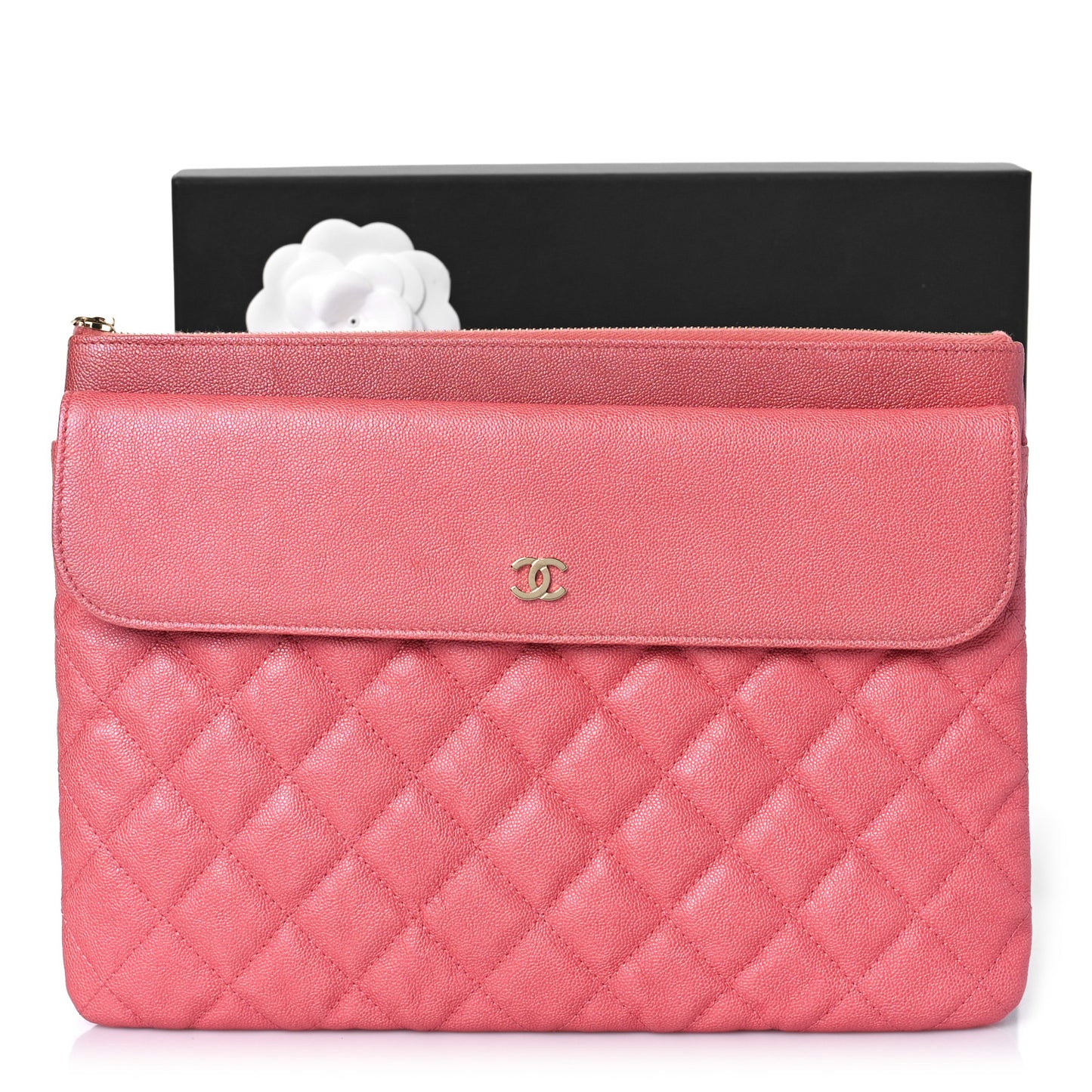 Iridescent Caviar Quilted Medium Flap Cosmetic Case Pink