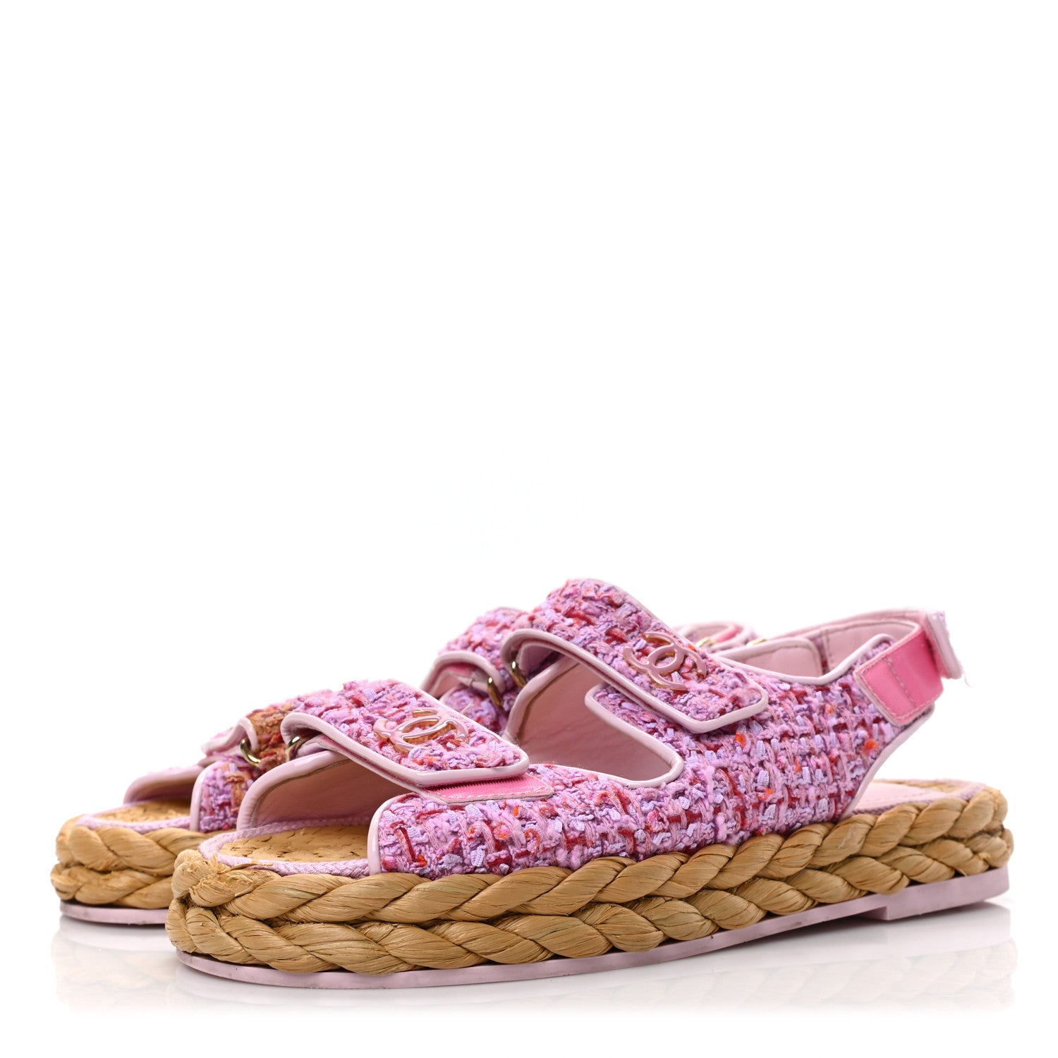 Chanel Tweed Patent Calfskin Velcro Dad Sandals 37 Light Purple Pink Red 3 of 7