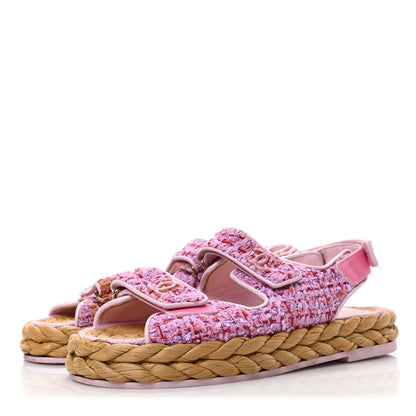 Chanel Tweed Patent Calfskin Velcro Dad Sandals 37 Light Purple Pink Red 3 of 7