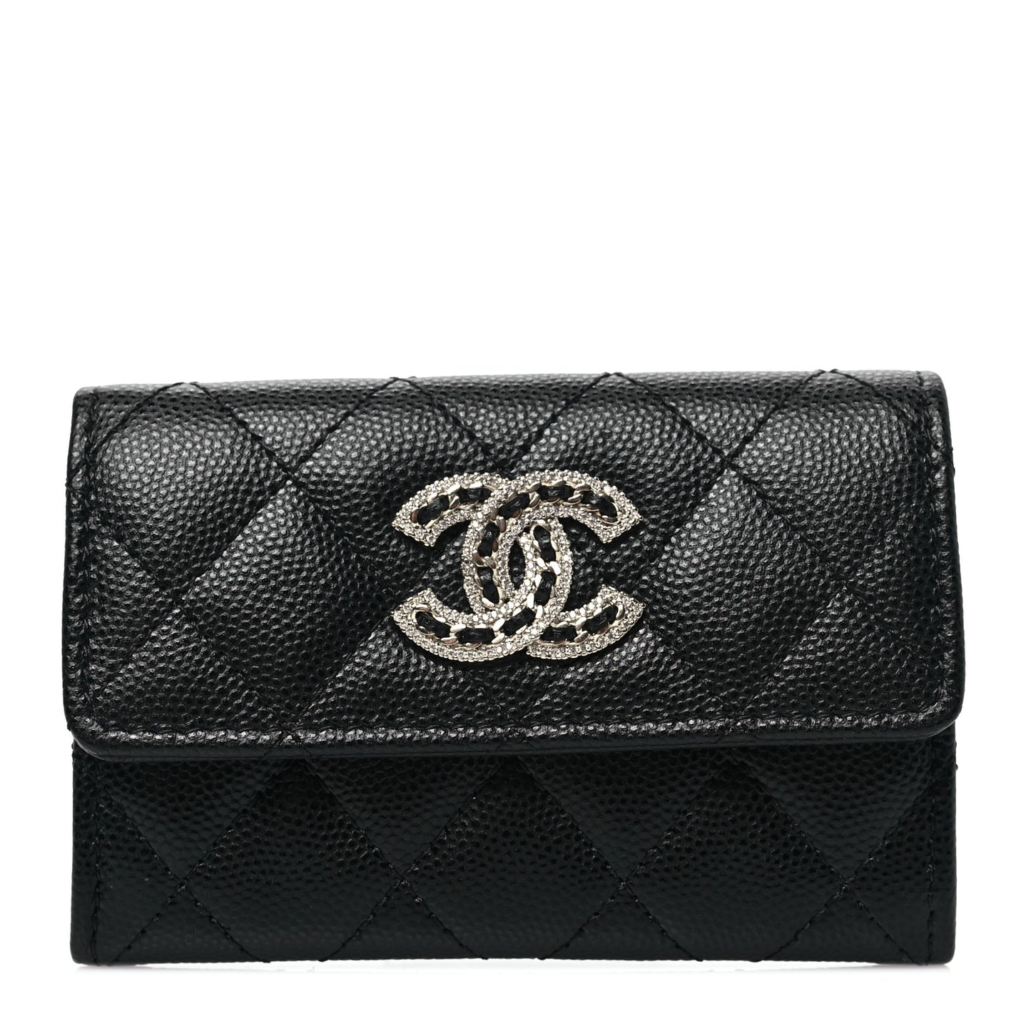 Caviar Quilted Crystal CC Flap Card Holder Black