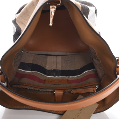 Burberry Grainy Calfskin Canvas Mega Check Medium Ashby Tassel Hobo Saddle Brown 6 of 9