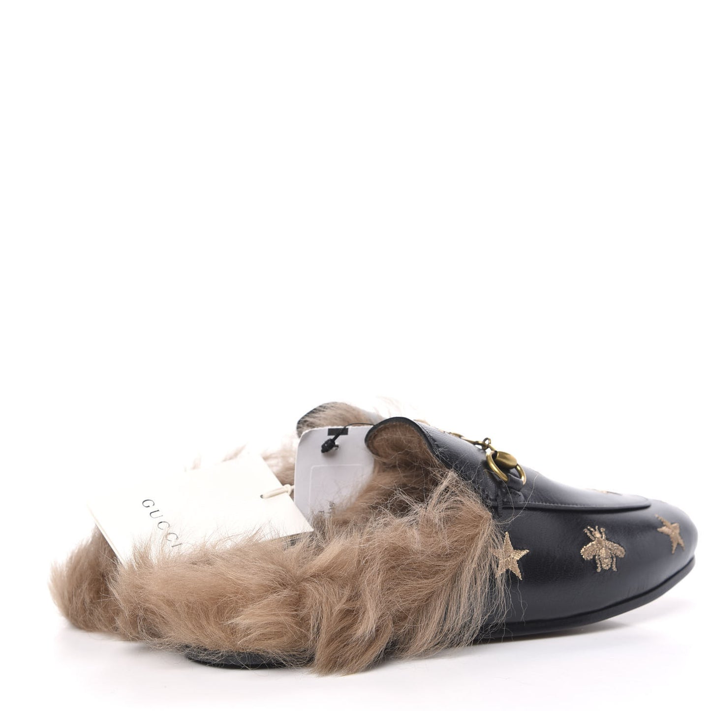 Goatskin Fur Bee Star Embroidered Womens Princetown Slippers 37 Black