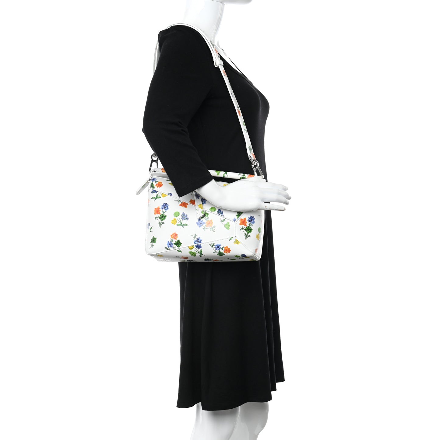 Satin Calfskin Flower Print Small Puzzle Edge Bag White Multicolor