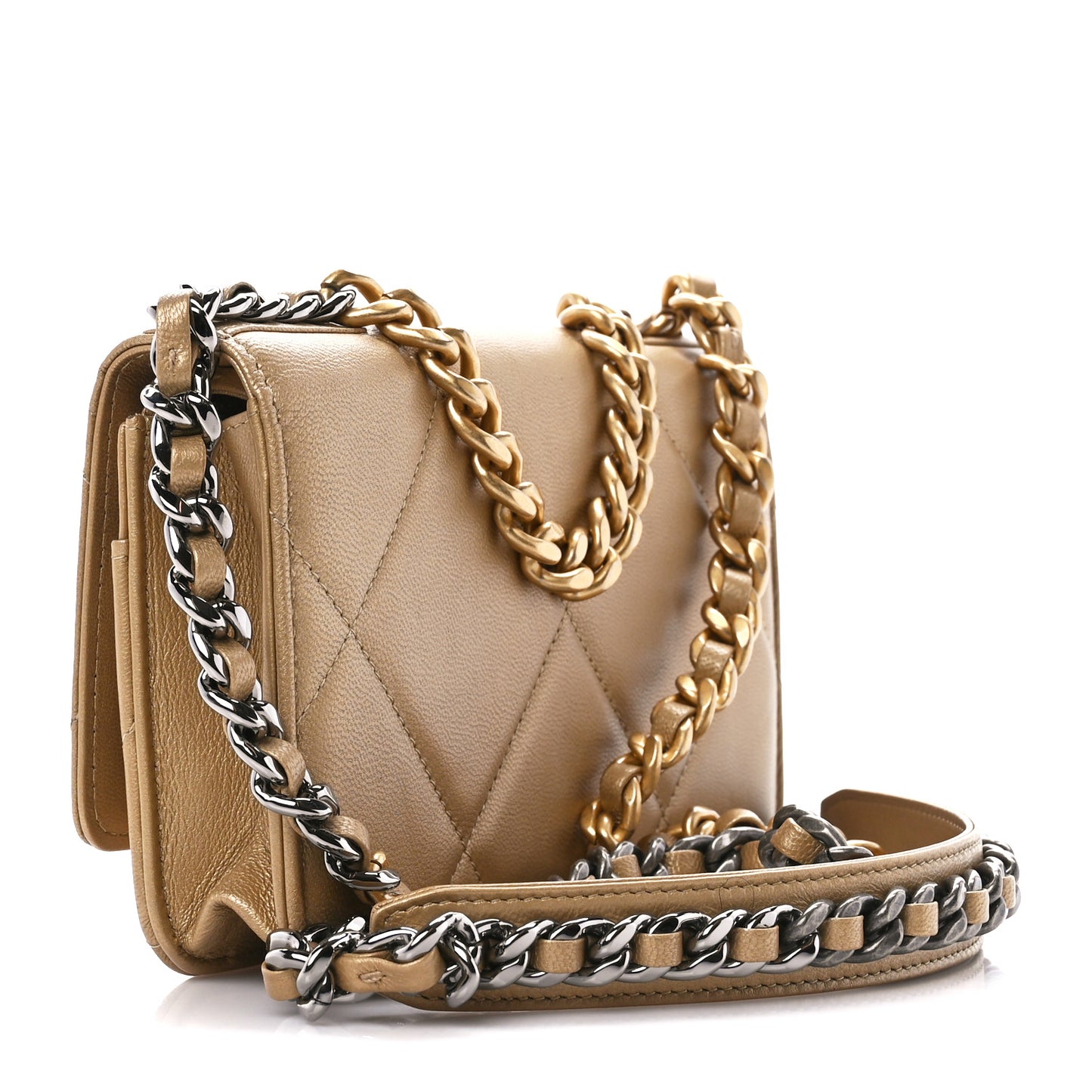 Metallic Goatskin Quilted Chanel 19 Wallet On Chain WOC Gold
