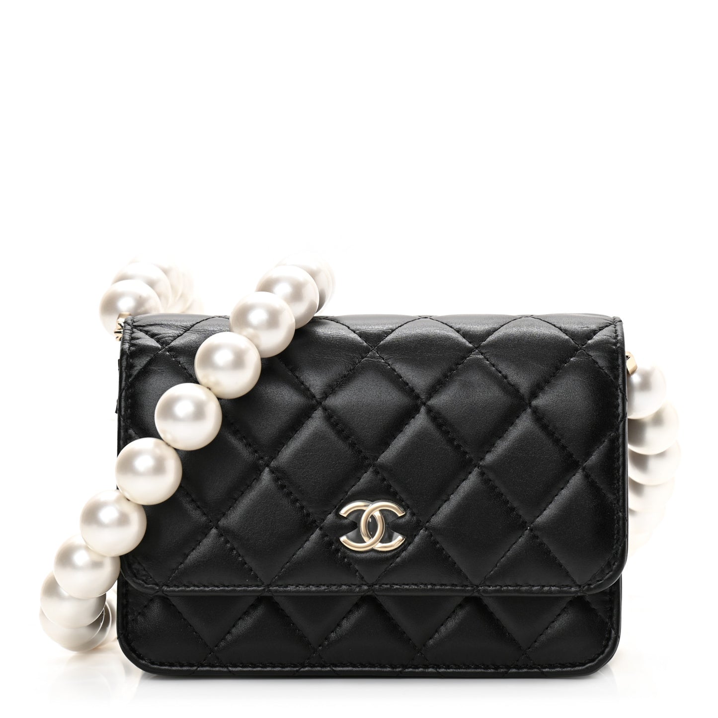 Calfskin Quilted Mini Maxi Pearls Wallet On Chain WOC Black
