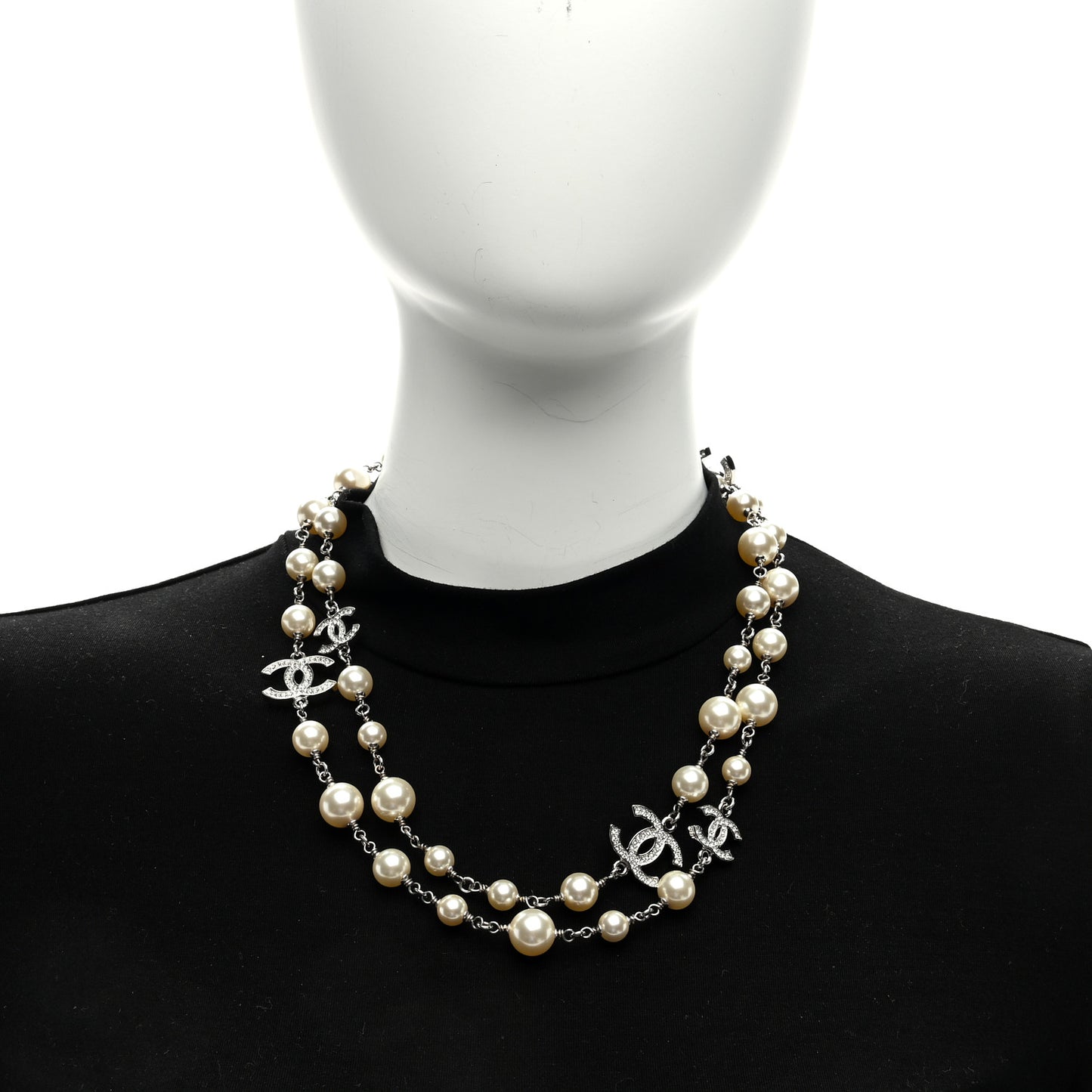 Graduated Pearl Crystal CC Long Necklace Silver