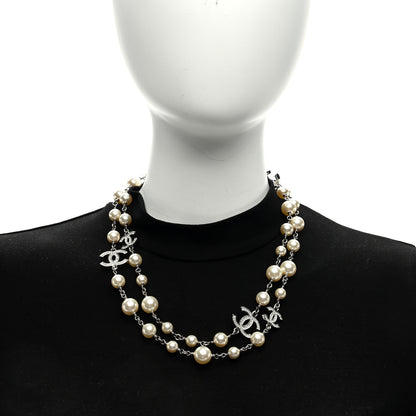 Chanel Graduated Pearl Crystal CC Long Necklace Silver 3 of 4
