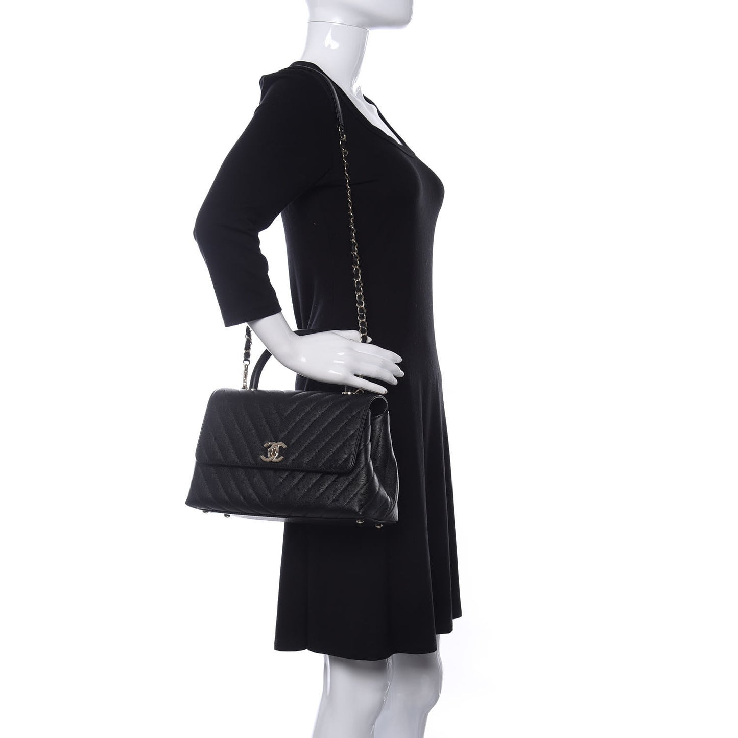 Caviar Chevron Quilted Small Coco Handle Flap Black