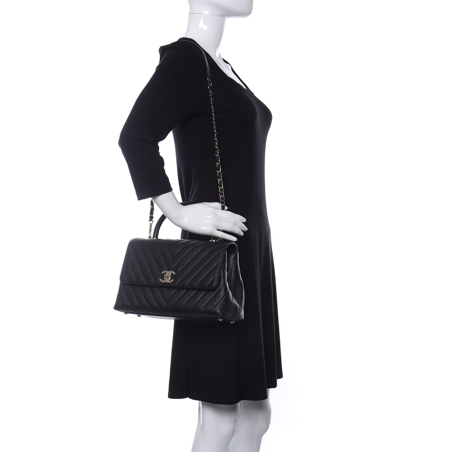 Chanel Caviar Chevron Quilted Small Coco Handle Flap Black 2 of 11