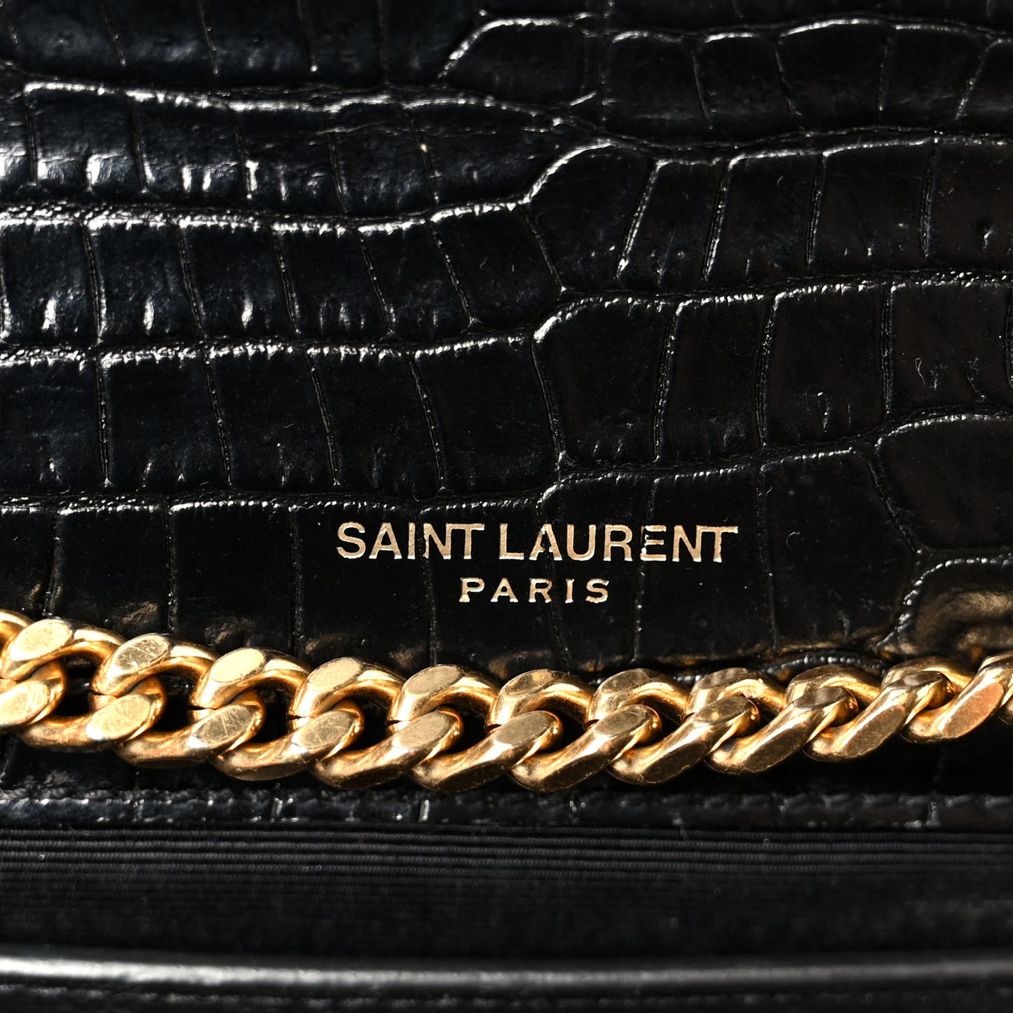 Calfskin Crocodile Embossed Medium Classic Monogram Kate Tassel Satchel Black