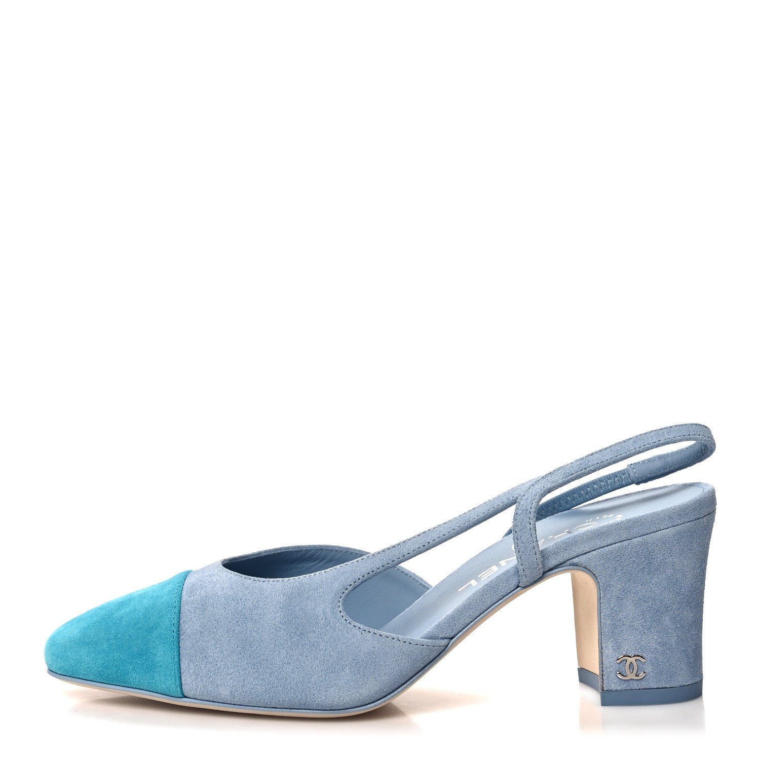 Chanel Suede Cap Toe CC Slingback Pumps 37.5 Light Blue Turquoise 1 of 9