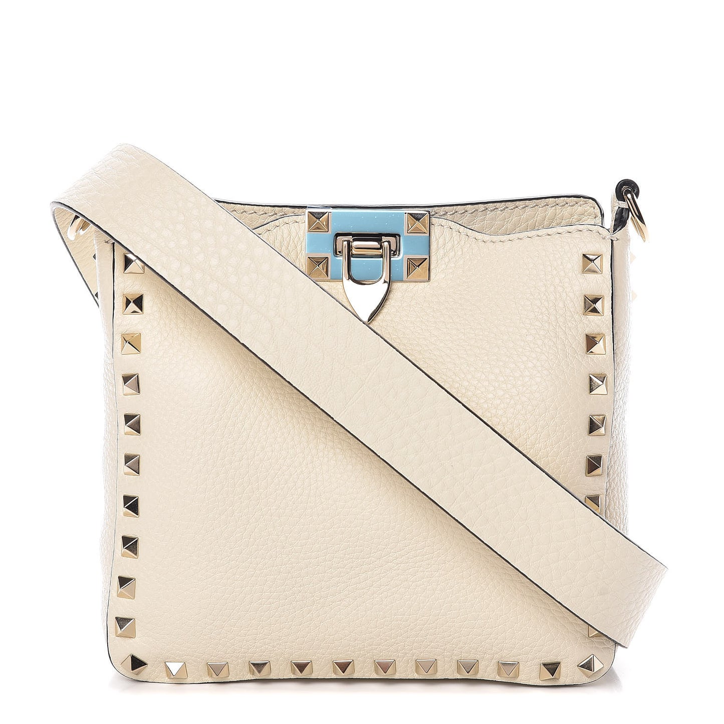Pebbled Calfskin Mini Rockstud Flip-Lock Messenger Bag Light Ivory