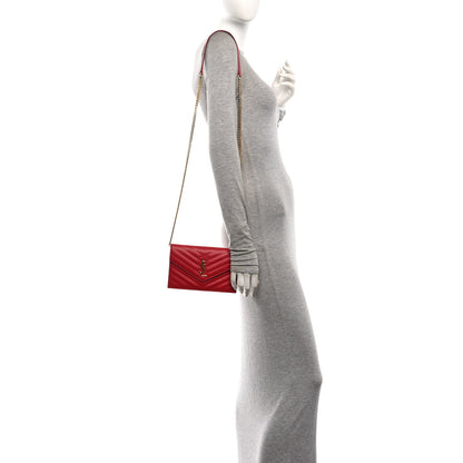 Saint Laurent Grain De Poudre Matelasse Chevron Monogram Envelope Chain Wallet  New Red 2 of 12