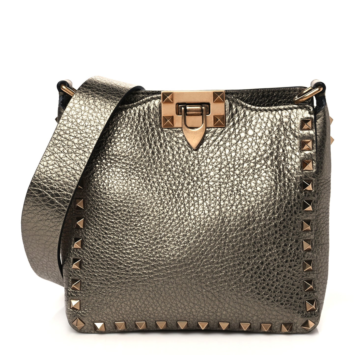 Metallic Pebbled Calfskin Mini Rockstud Flip-Lock Messenger Bag Sasso