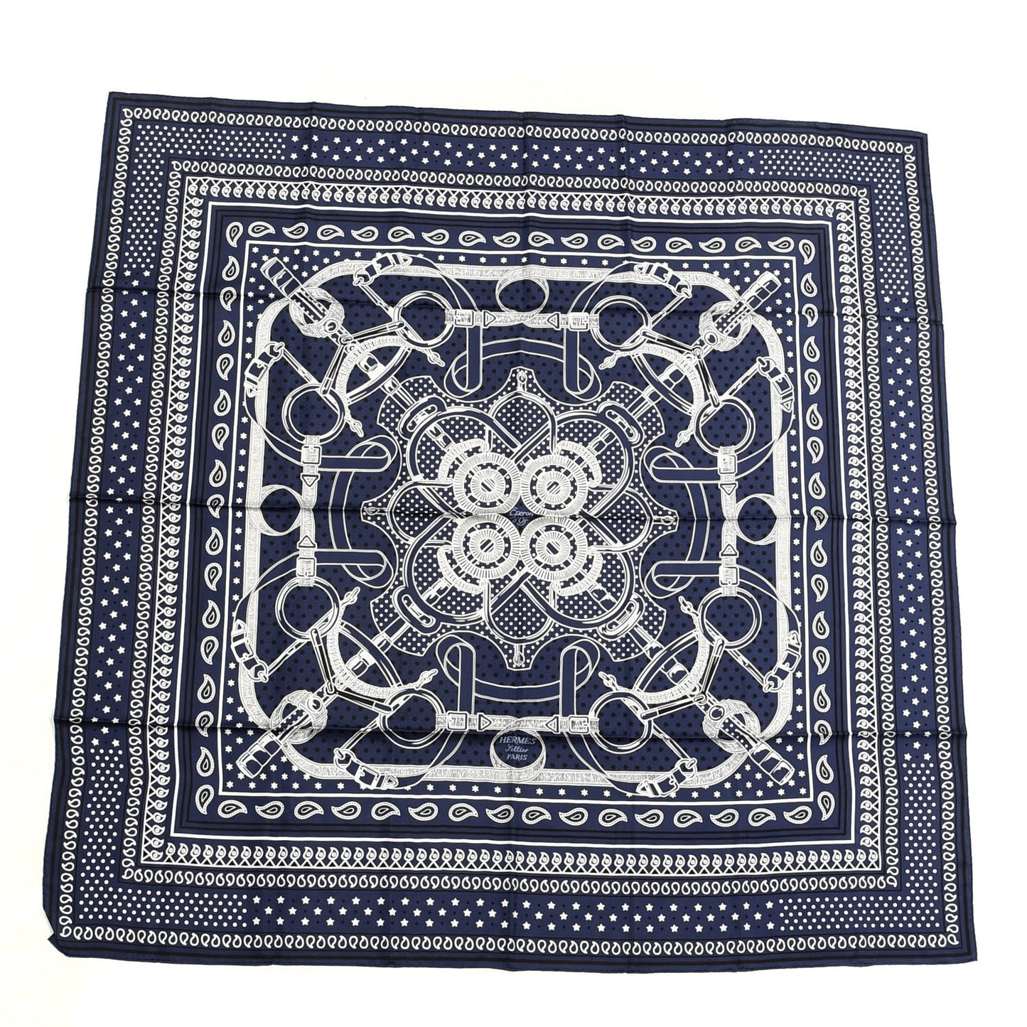 Silk Cashmere Grand Manege Bandana Shawl 140 Marine White