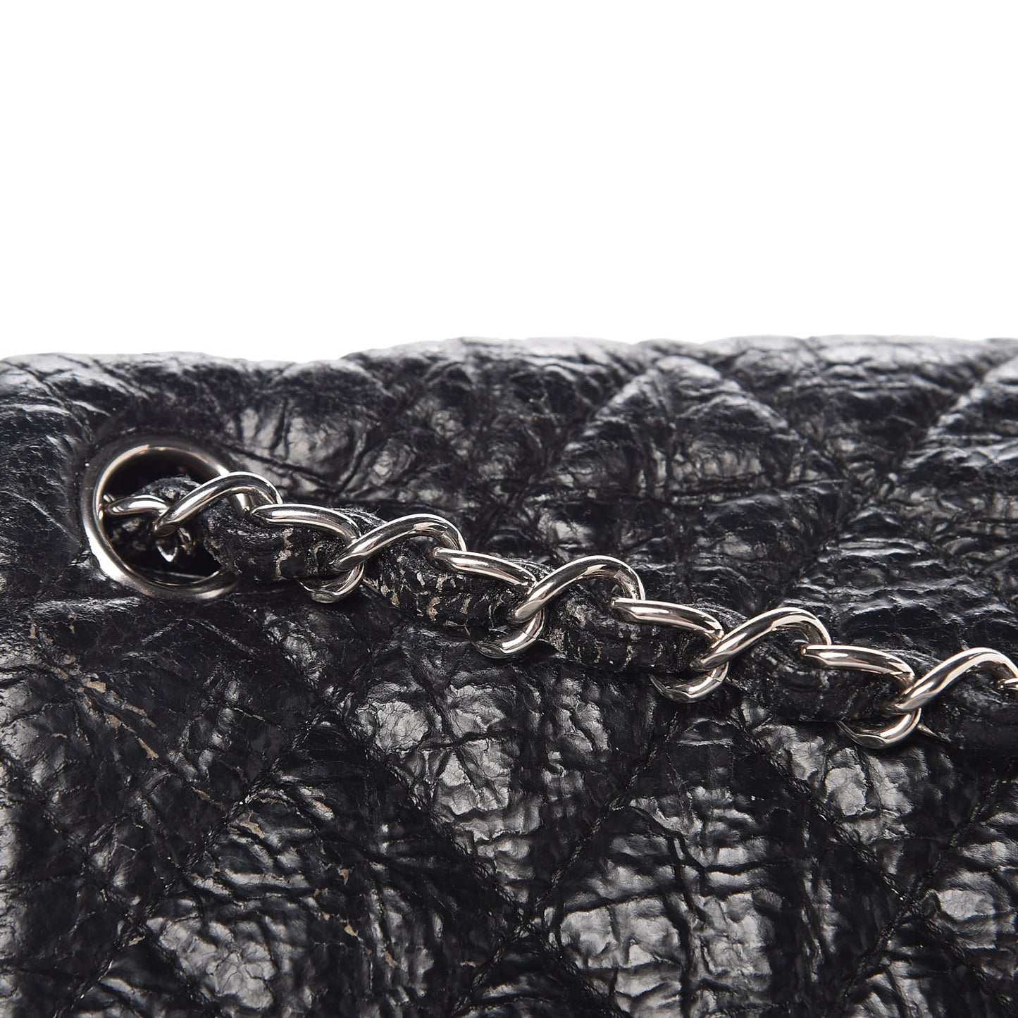 Crackled Calfskin Quilted Large Flap Black
