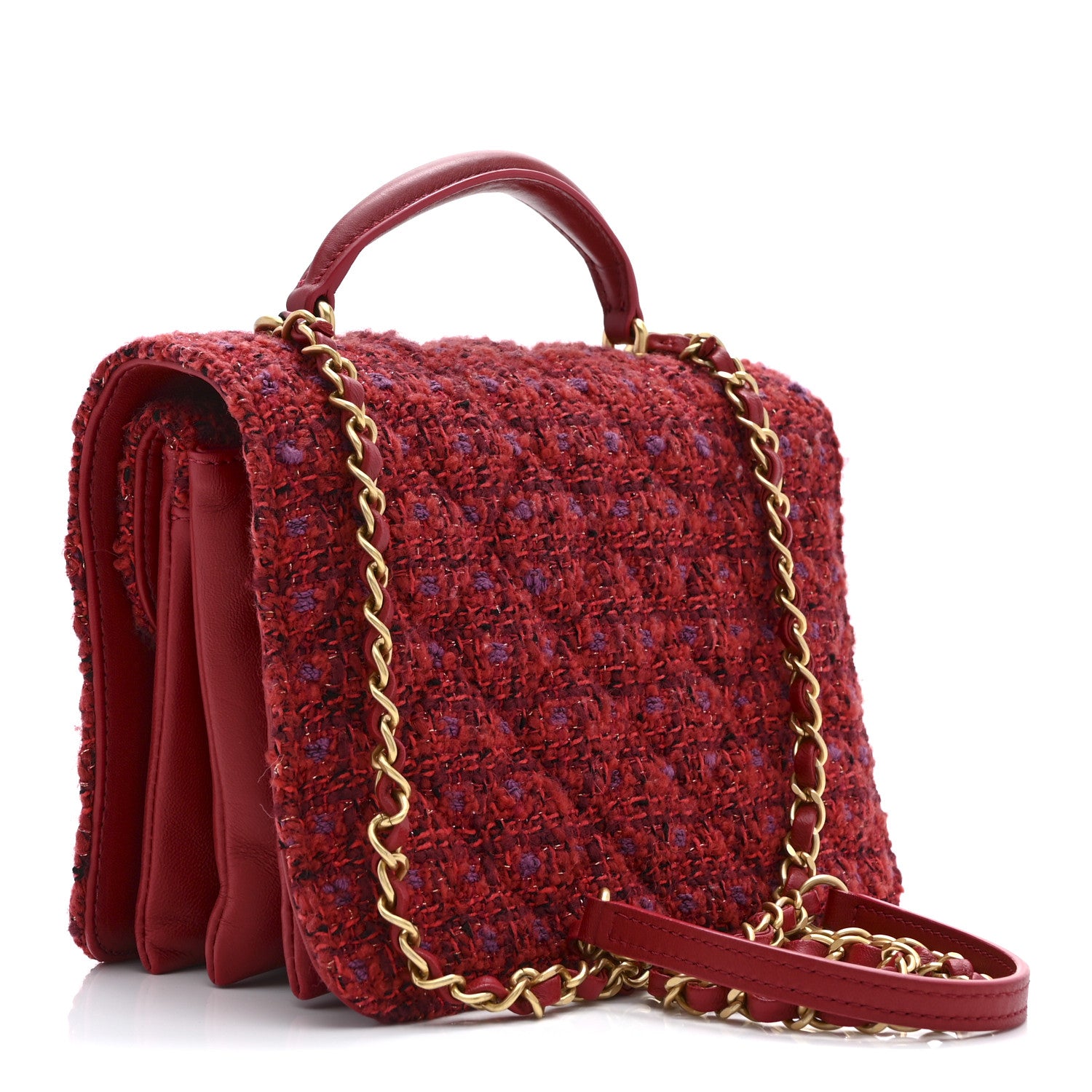 Chanel Tweed Lambskin Quilted Top Handle Flap  Red Multicolor 3 of 11