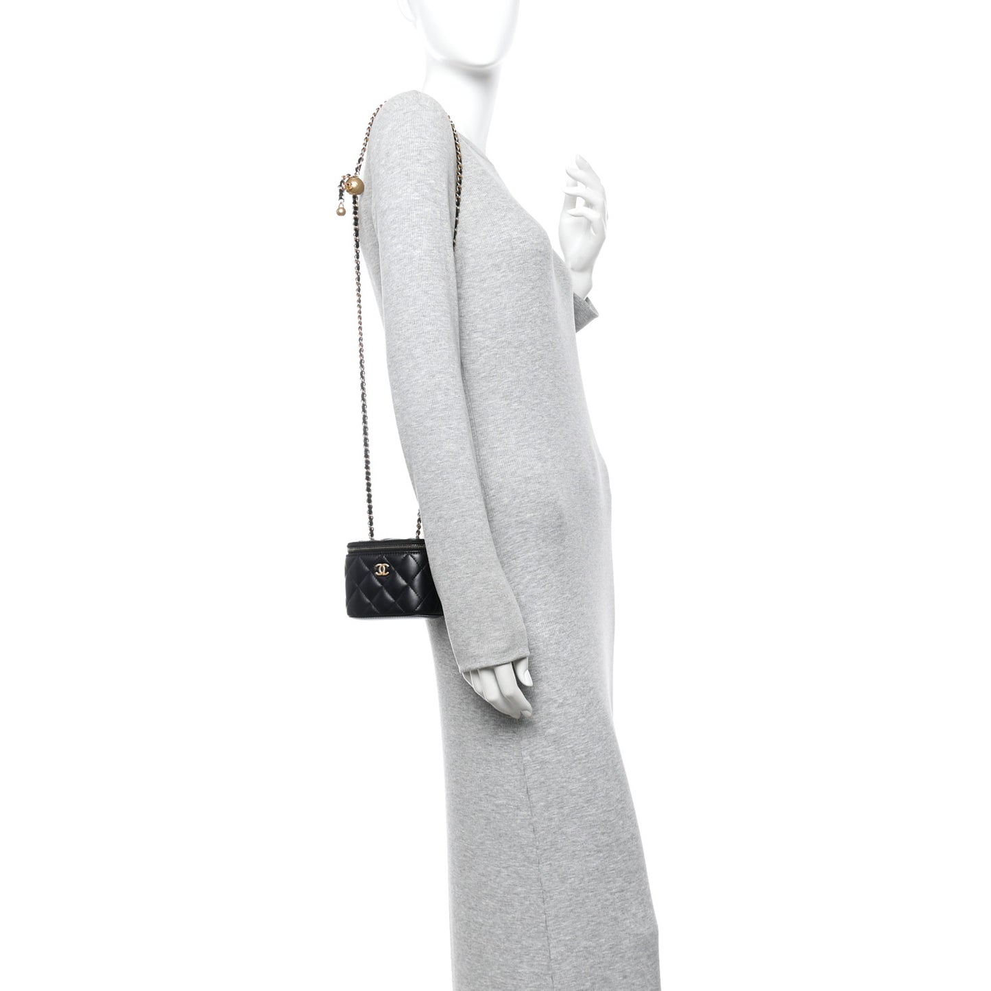 Lambskin Quilted Mini Pearl Crush Vanity Case With Chain Black