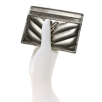 Saint Laurent Metallic Grain De Poudre Matelasse Chevron Monogram Credit Card Case Platino 2 of 7