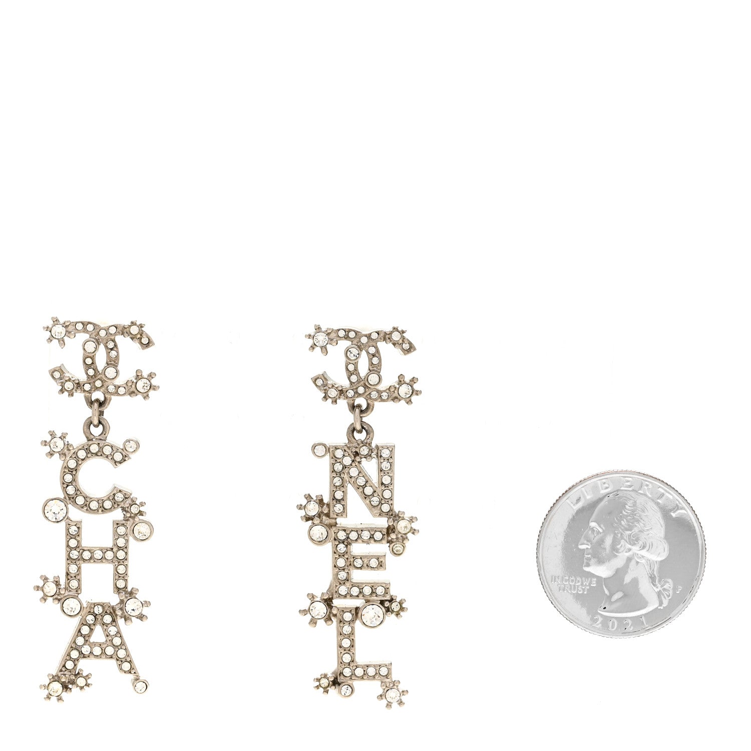 Chanel Crystal Cha-Nel Logo Drop Earrings Silver 2 of 5