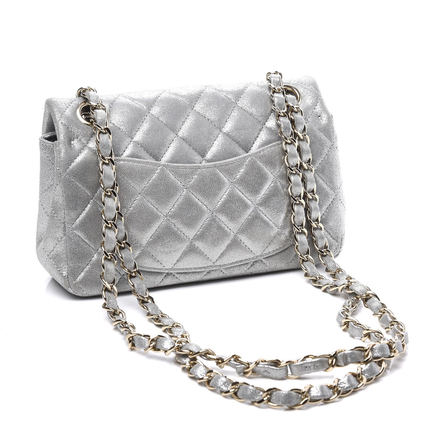 Iridescent Calfskin Quilted Mini Rectangular Flap Silver