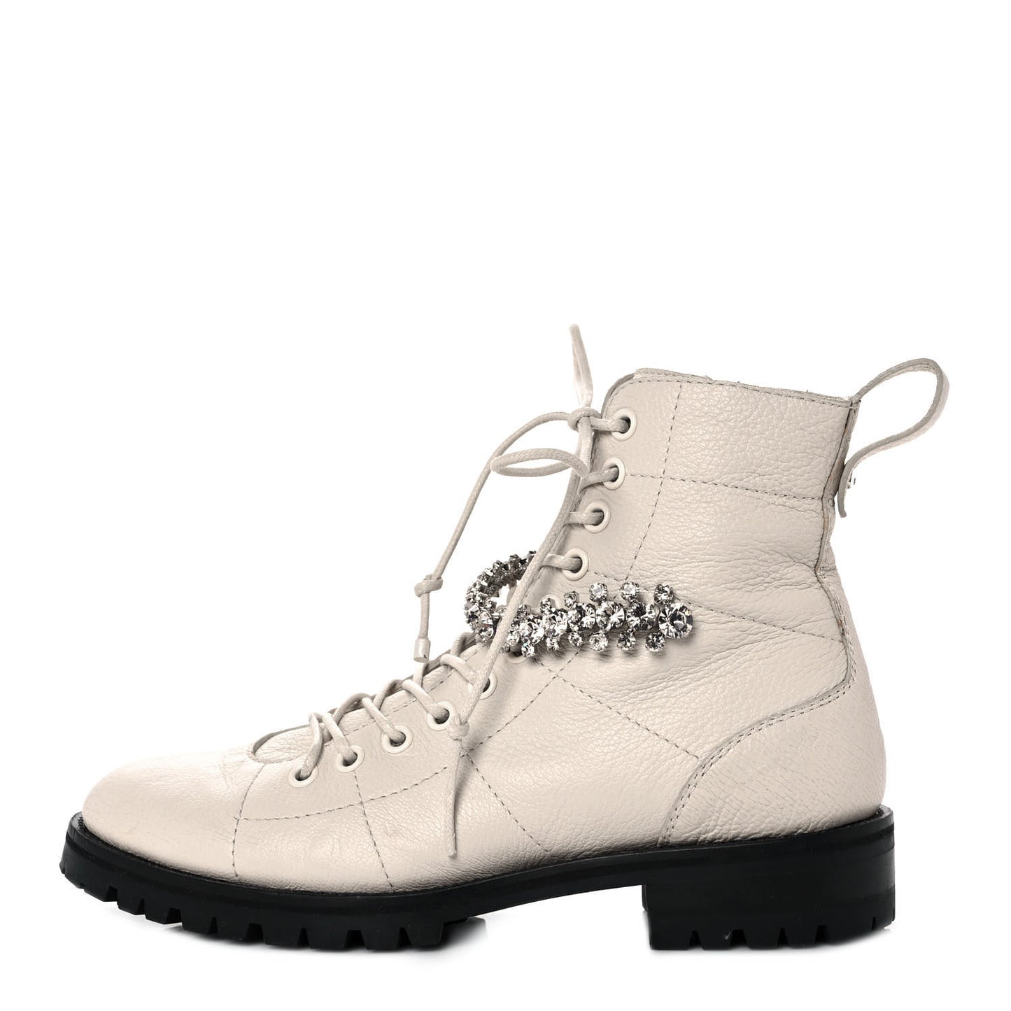 Grained Calfskin Crystal Embellished Cruz Combat Boots 36.5 White