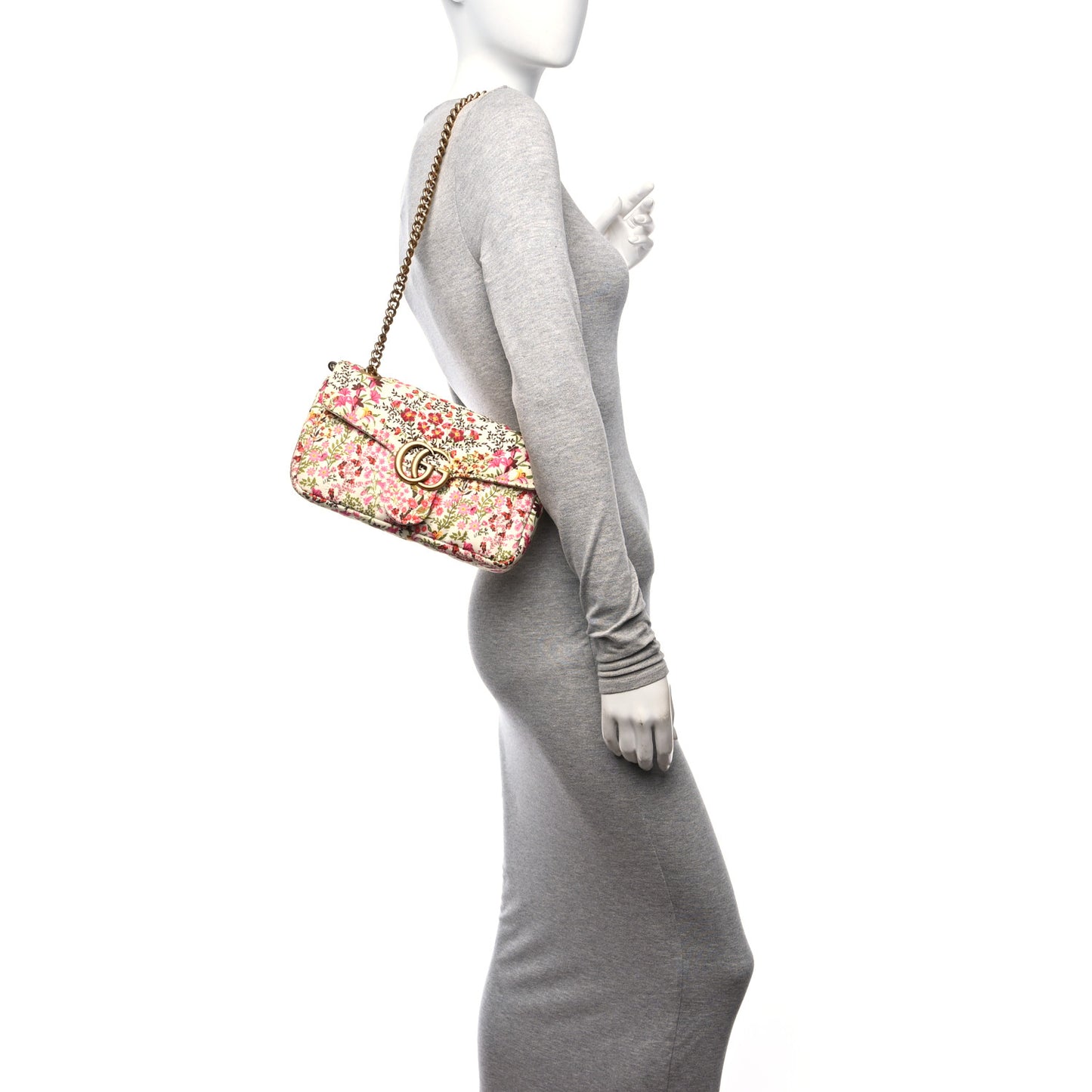 Cotton Calfskin Matelasse Floral Print Small GG Marmont Shoulder Bag Ivory Pink
