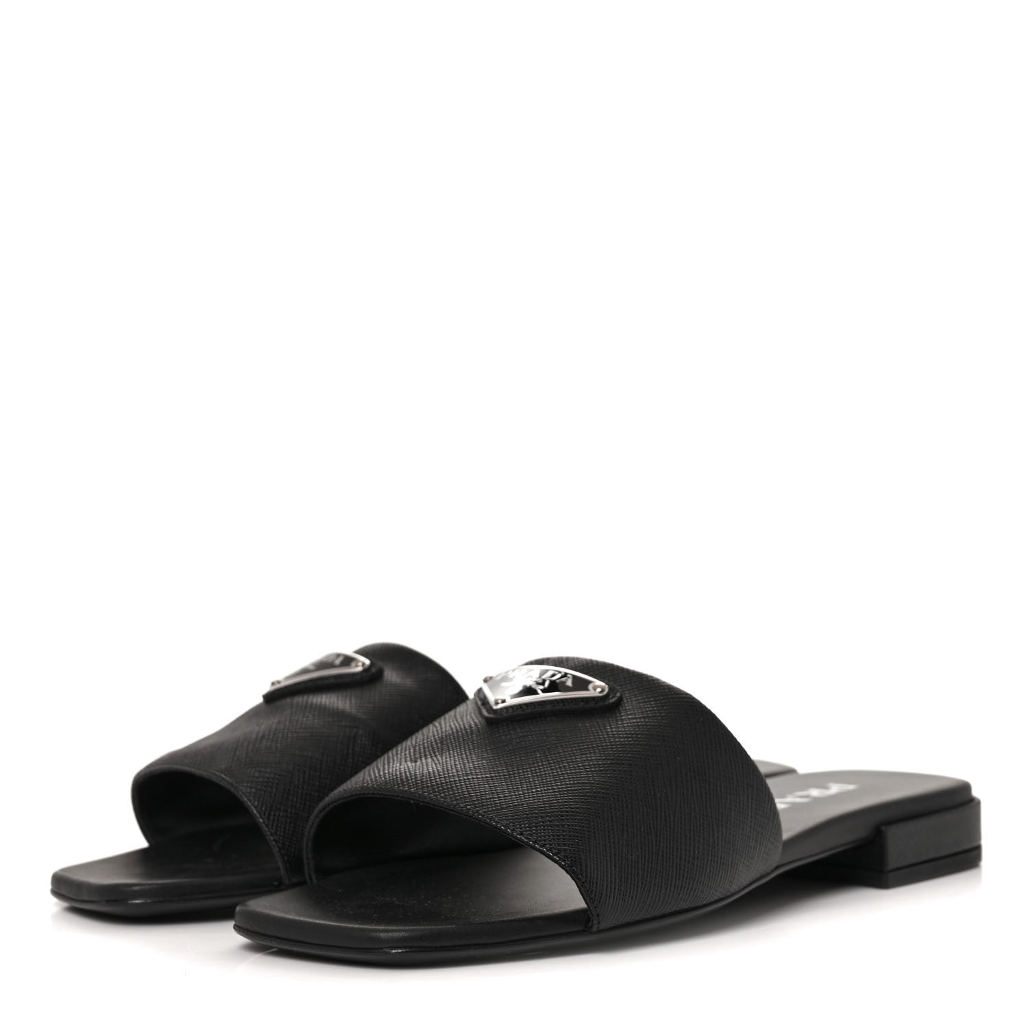 Prada Saffiano Metal Triangle Logo 10mm Slide Sandals 35 Black 3 of 7