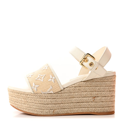 Louis Vuitton Cotton Monogram Embroidered Starboard Wedge Espadrilles 39 Beige White 1 of 13