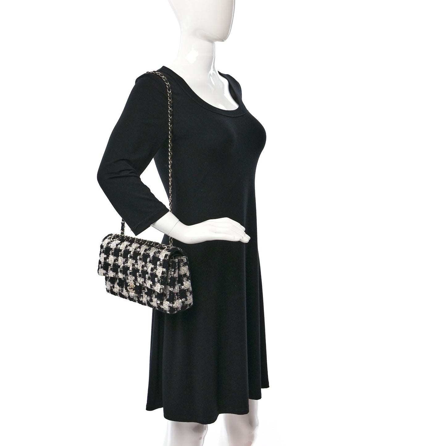 Tweed Quilted Medium Double Flap Black Ecru White