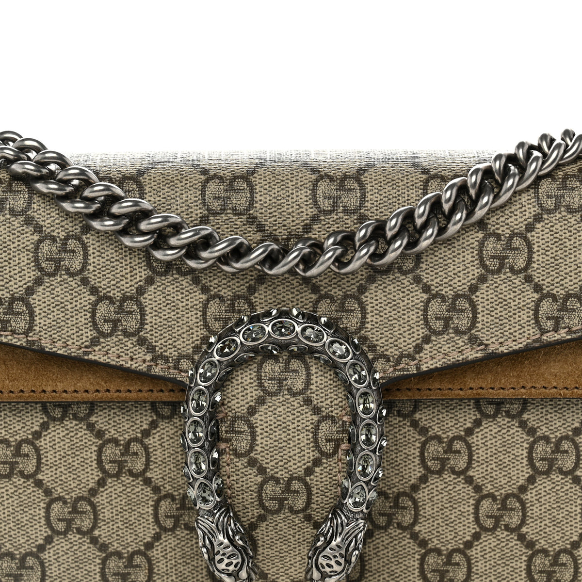 GG Supreme Monogram Suede Crystal Small Dionysus Shoulder Bag Beige Ebony Taupe