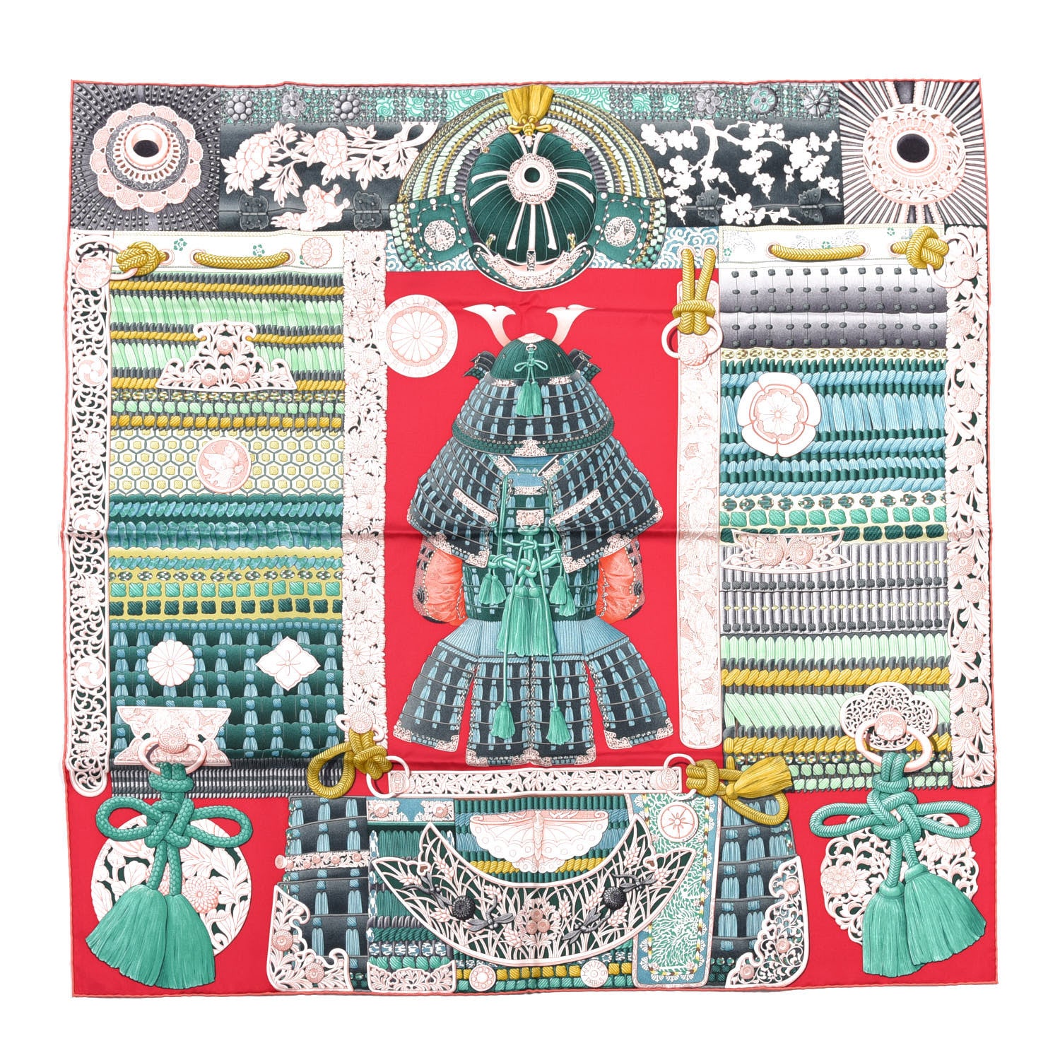 Hermes Silk Parures de Samouraïs Scarf 90 Framboise Red Rose Poudre 1 of 6