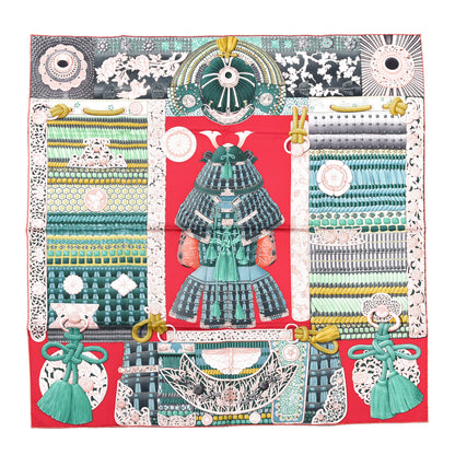 Hermes Silk Parures de Samouraïs Scarf 90 Framboise Red Rose Poudre 1 of 6