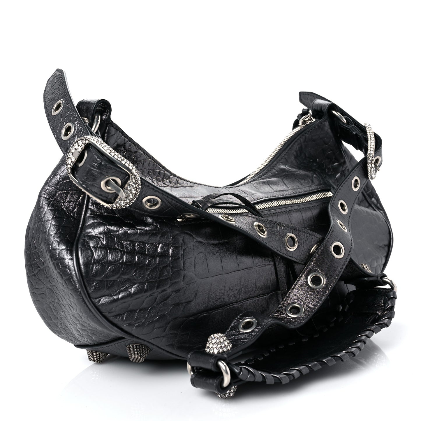 Metallic Calfskin Crocodile Embossed Crystal Small Le Cagole Shoulder Bag Gunmetal