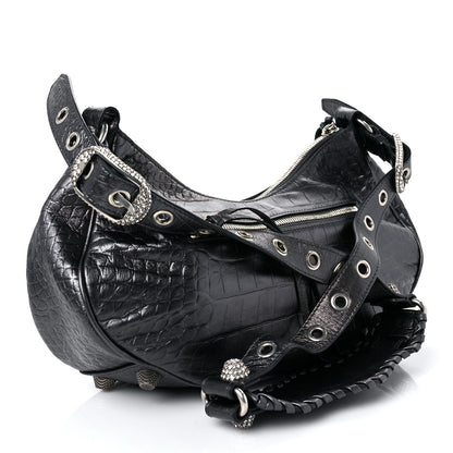 Balenciaga Metallic Calfskin Crocodile Embossed Crystal Small Le Cagole Shoulder Bag Gunmetal 3 of 8