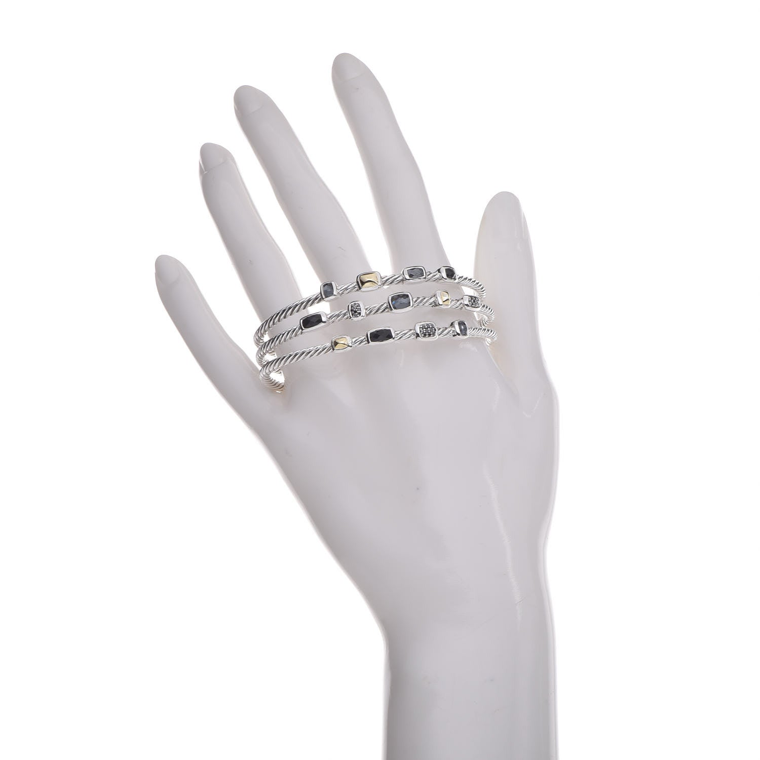 David Yurman Sterling Silver 18K Yellow Gold Black Diamond Hematite Black Onyx Three Row Confetti Cuff Bracelet 2 of 6