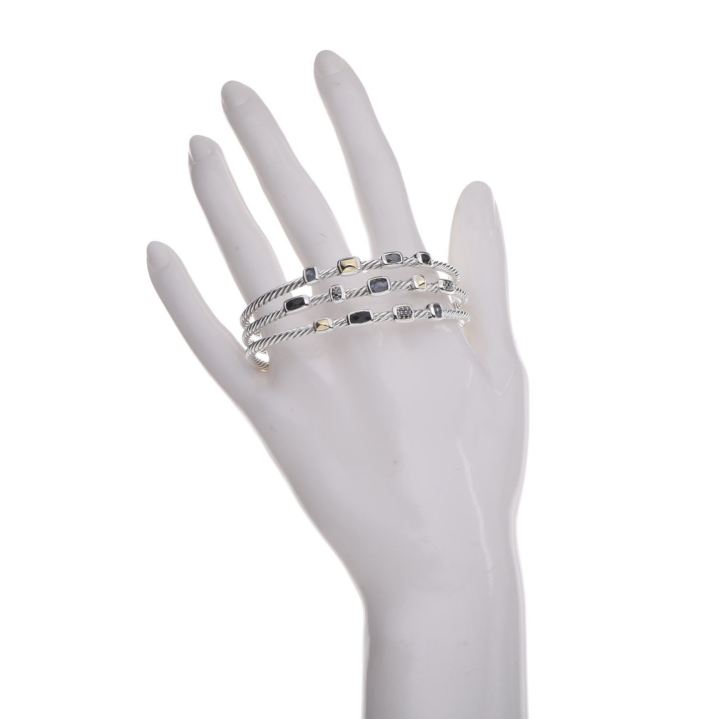 Sterling Silver 18K Yellow Gold Black Diamond Hematite Black Onyx Three Row Confetti Cuff Bracelet