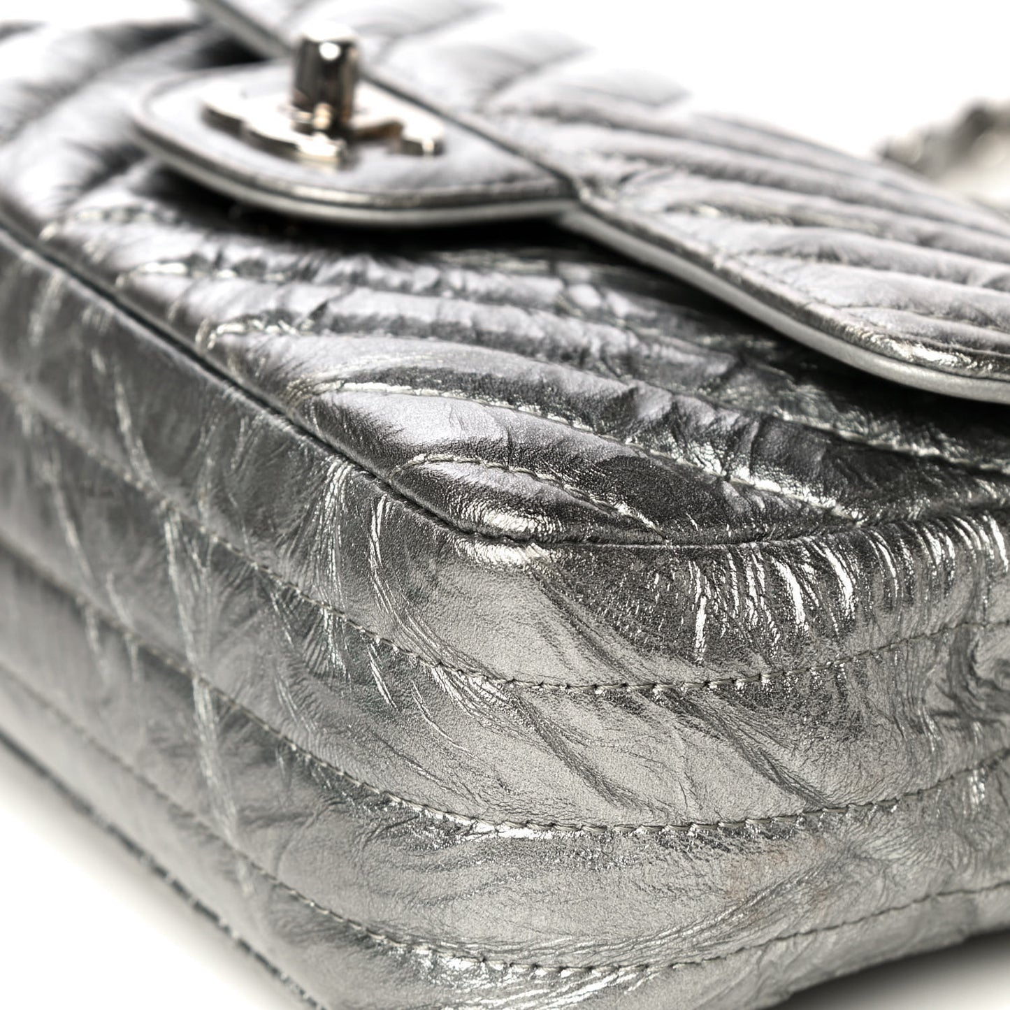 Patent Metallic Crumpled Calfskin Chevron Quilted Mini Rectangular Flap Silver