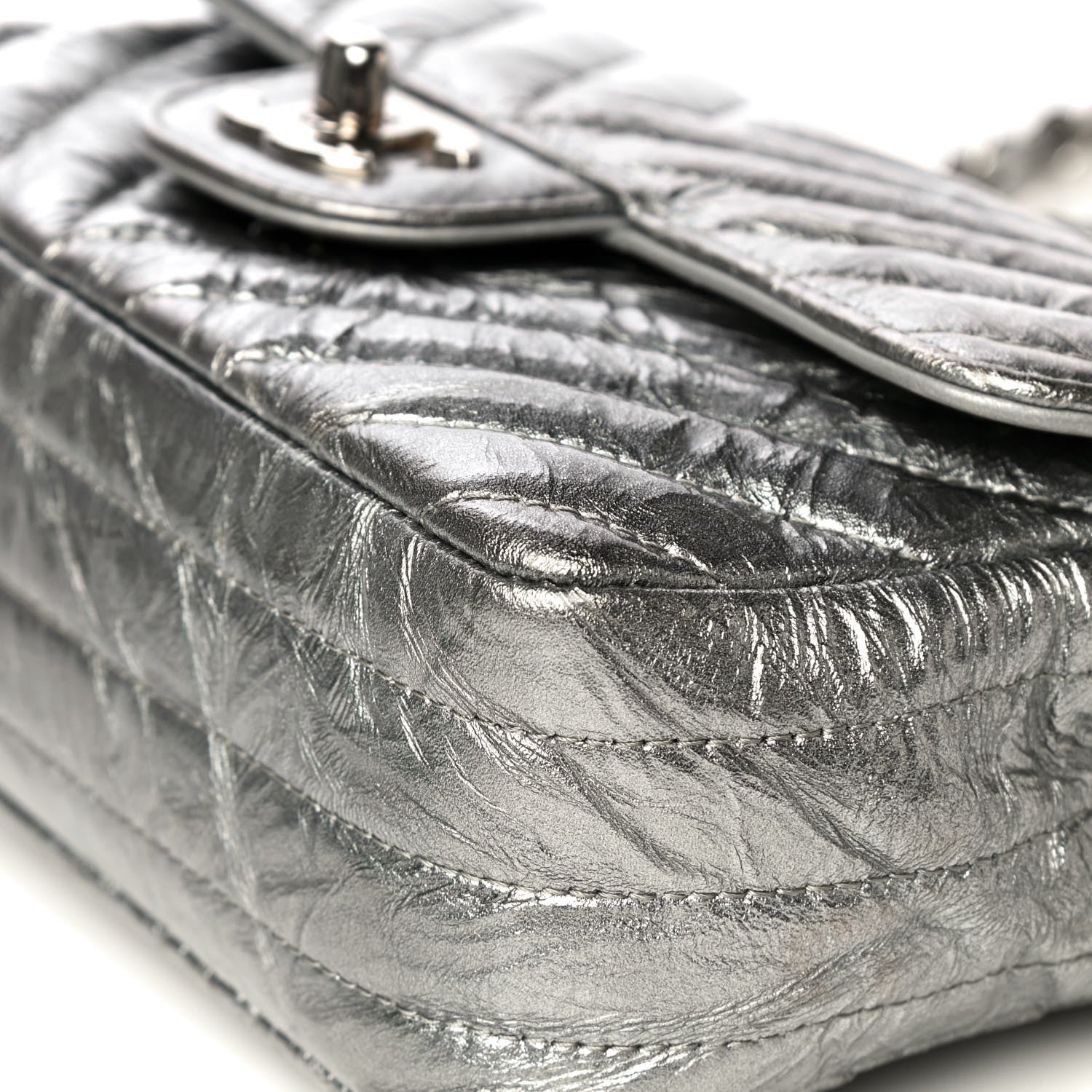 Chanel Patent Metallic Crumpled Calfskin Chevron Quilted Mini Rectangular Flap Silver 8 of 10