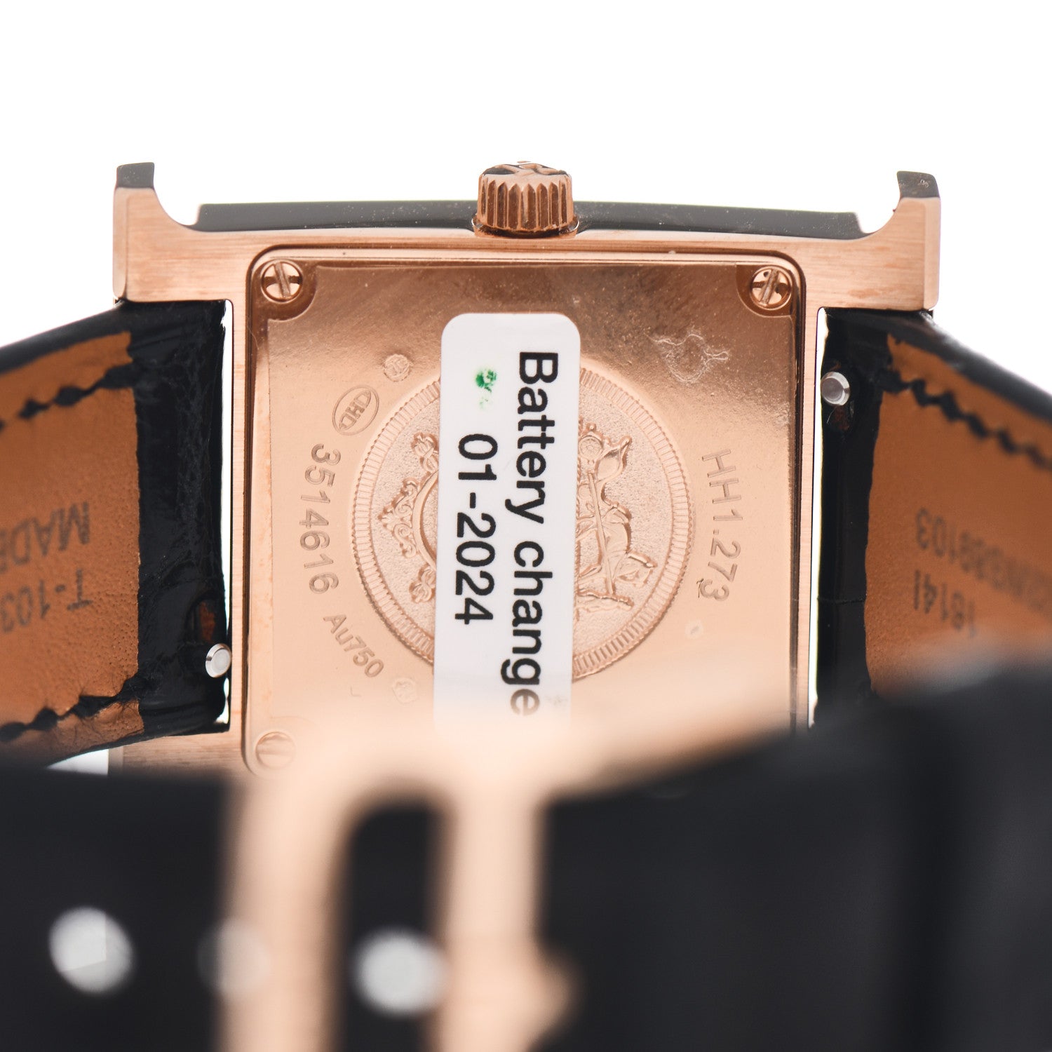 Hermes 18K Rose Gold Alligator Diamond Bezel Mother of Pearl 21mm Heure H Hour Quartz Watch Noir 4 of 5
