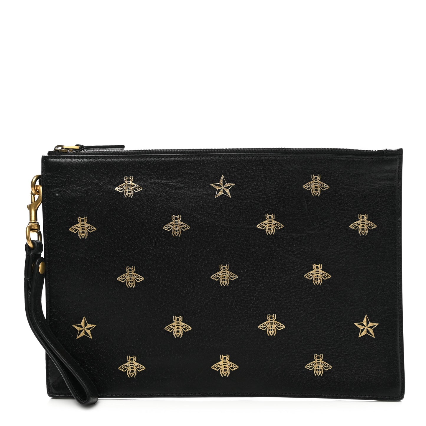 Dollar Calfskin Boar Effect Bee Star Zip Wristlet Pouch Black