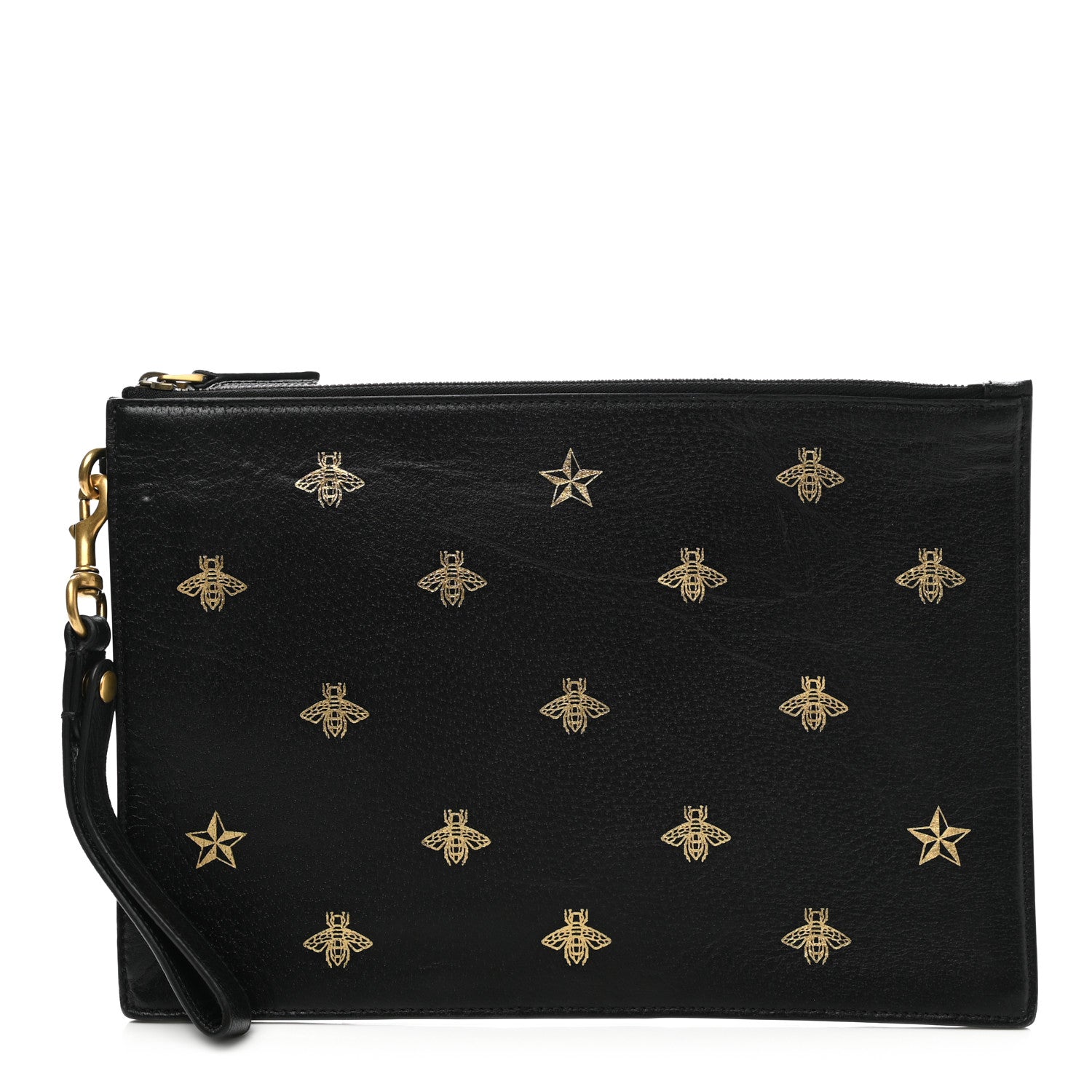 Gucci Dollar Calfskin Boar Effect Bee Star Zip Wristlet Pouch Black 1 of 9