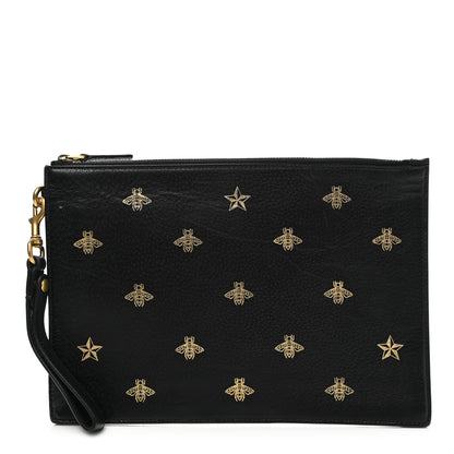Gucci Dollar Calfskin Boar Effect Bee Star Zip Wristlet Pouch Black 1 of 9