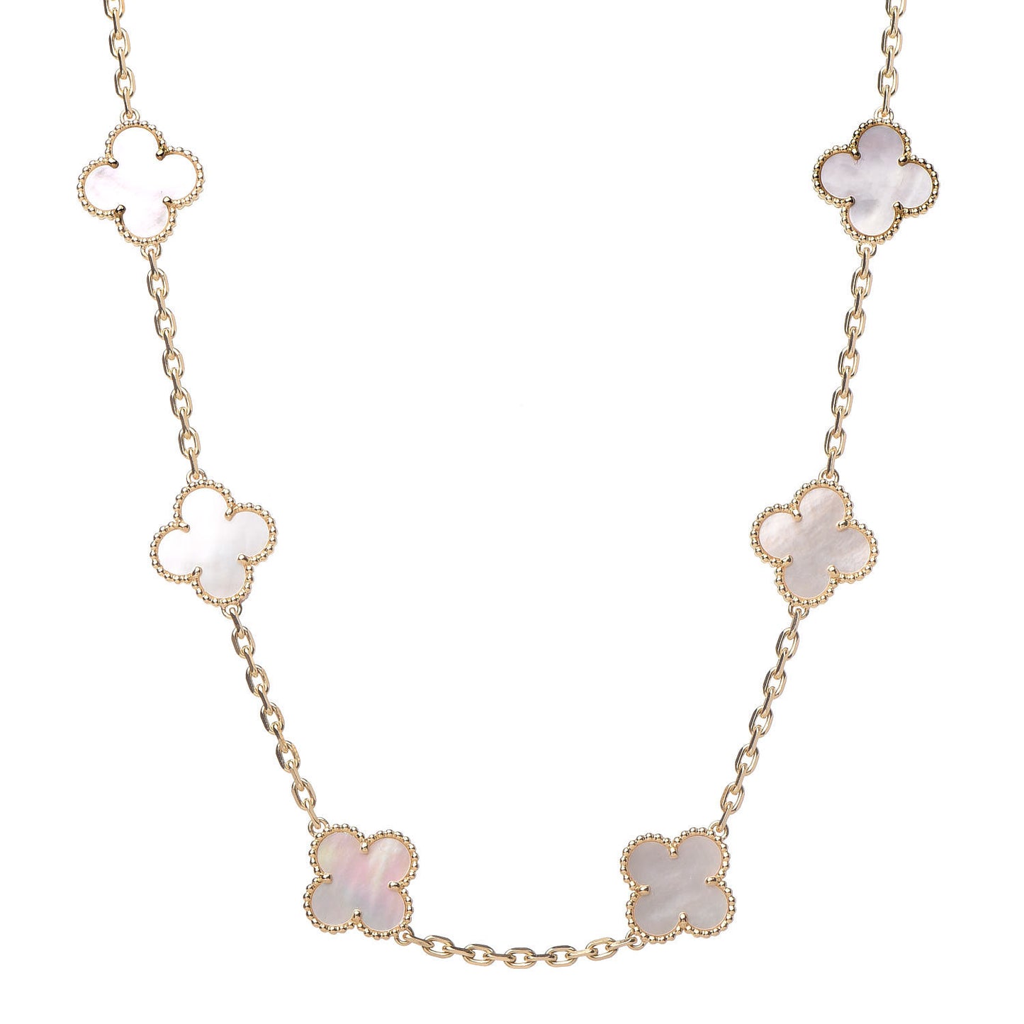 18K Yellow Gold Mother of Pearl 10 Motifs Vintage Alhambra Necklace