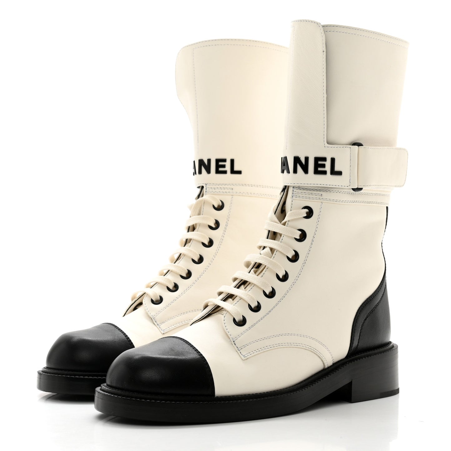 Calfskin Lace Up Logo Mid Calf Combat Boots 38 White Black